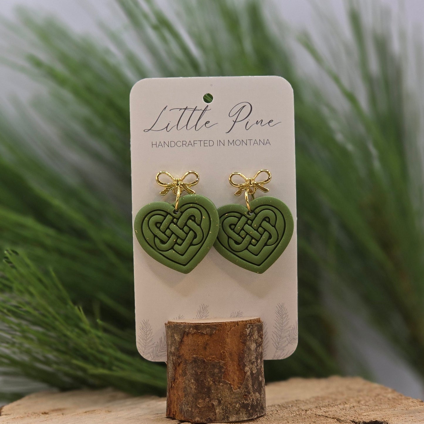 Celtic Heart Knot & Bow Earrings - Soft Olive & Gold