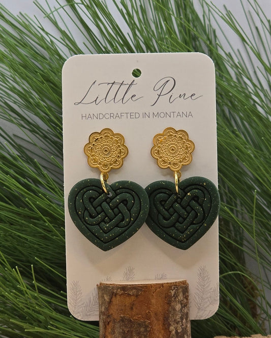 Celtic Heart Knot Earrings - Forest & Gold