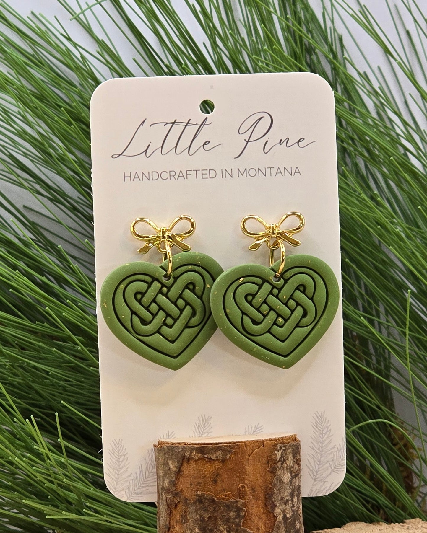 Celtic Heart Knot & Bow Earrings - Soft Olive & Gold