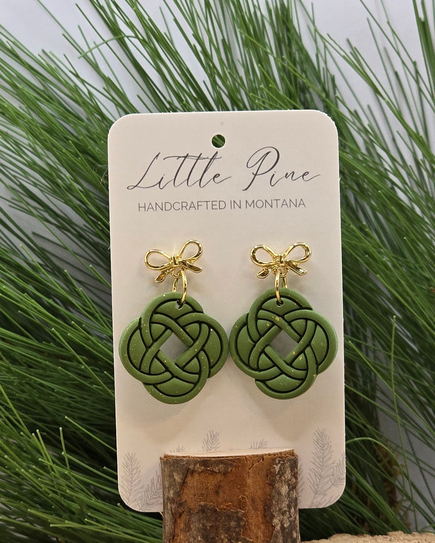 Celtic Knot & Bow Earrings - Soft Olive