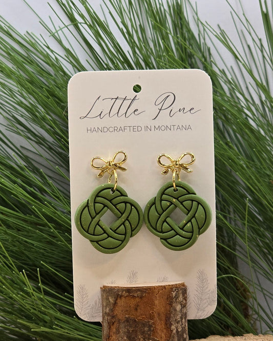 Celtic Knot & Bow Earrings - Soft Olive