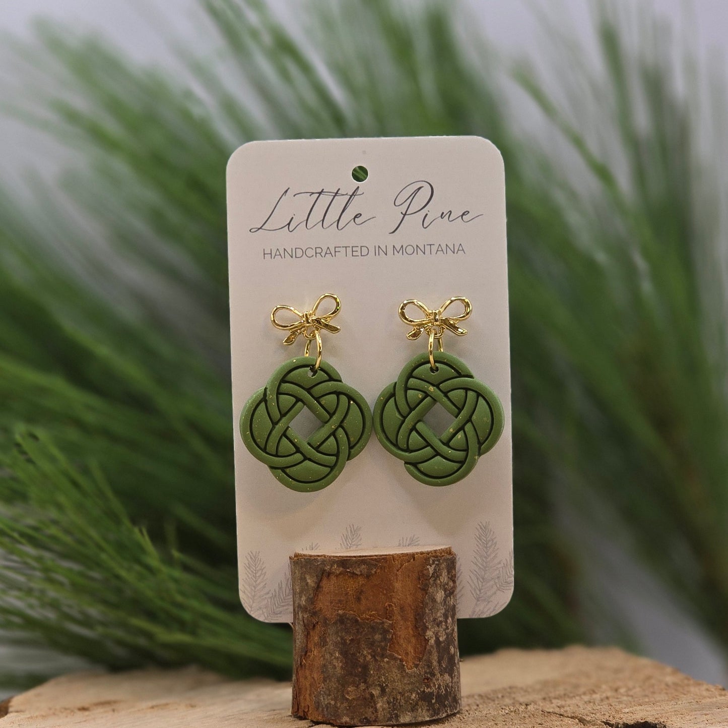 Celtic Knot & Bow Earrings - Soft Olive